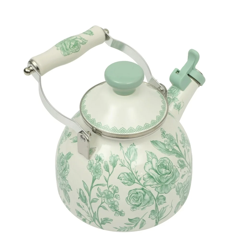 ❤️ 2025 The Pioneer Woman Agatha  Green and White Floral Whistling Tea Kettle